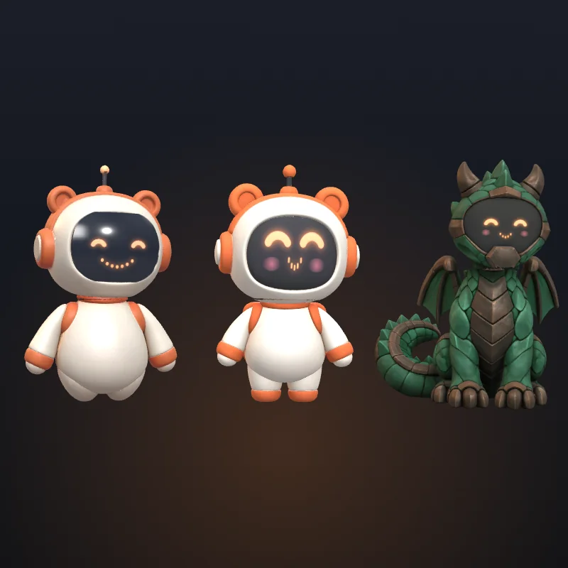 Tres personajes 3D con cara LED: dos astronautas con orejas de oso y un dragón