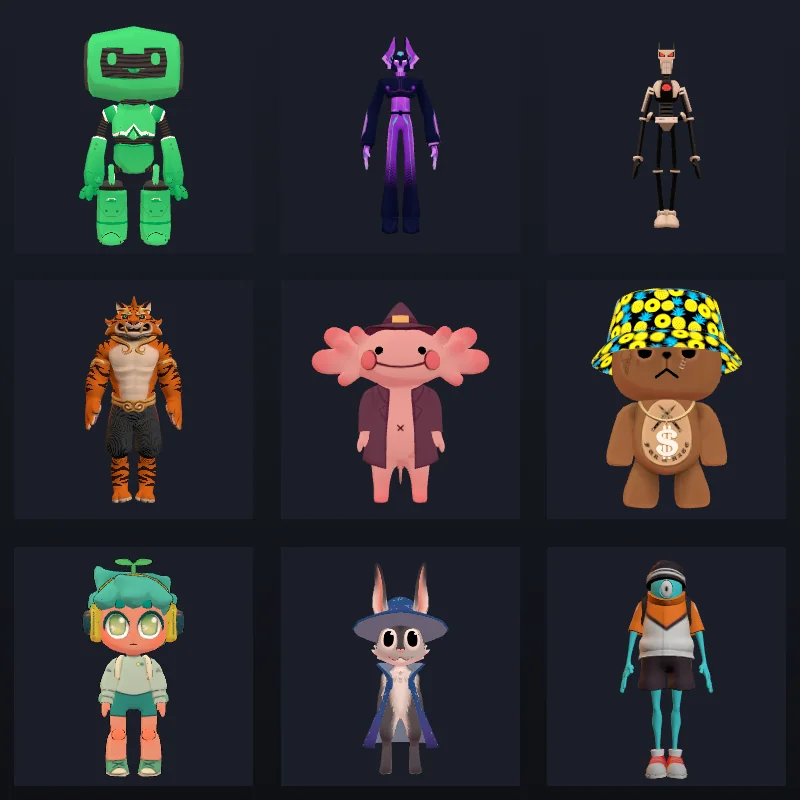 Galería de nueve personajes 3D del catálogo VRM